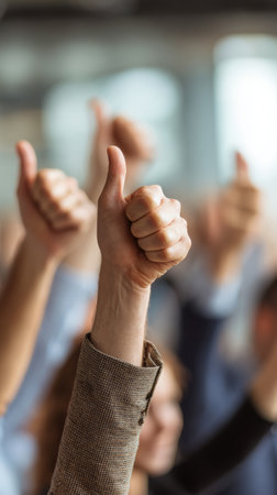 Thumb hand gesture approval success support crowd teamwork positive energy motivation Uplifting scene with multiple raised thumbs, hand gestureの素材