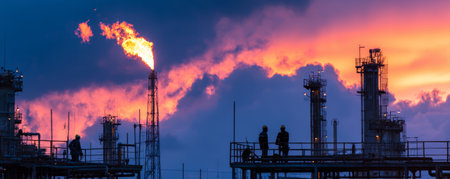 Industrial refinery oil plant gas flare sunset sky silhouette worker metal structure pipe network energy industry fire flame dramatic cloudの素材
