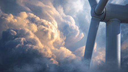 Wind turbine renewable energy clean power storm cloud dramatic sky sustainable turbine blade electricity environment climateの素材