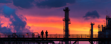 Industrial skyline refinery sunset silhouette pipeline workers tower smokestack dramatic sky energyの素材