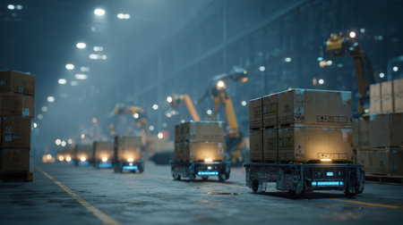 Autonomous robot warehouse logistics pallet cardboard automation industrial supply chain distribution factory floor buzz with efficiency and focusの素材