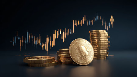 Golden coin bitcoin cryptocurrency blockchain finance investment market growth trading profit surge optimismの素材