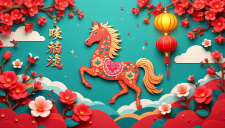 Chinese new year horse paper cut red lantern plum blossom teal background festive floral pattern cloud spring luck blessingの素材