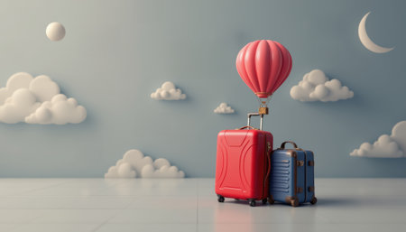 Red suitcase blue suitcase hot air balloon travel concept dreamy clouds moon minimal scene pastel color vacationの素材