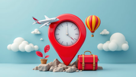Red pin clock airplane hot air balloon travel luggage clouds sky vacation time management playful mood adventureの素材
