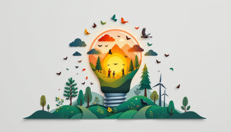 Sustainability green energy eco design paper art light bulb nature landscape people wildlife birds forest mountains sunrise wind turbine cloudsの素材