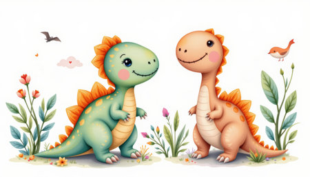 Cute baby dinosaur watercolor illustration cartoon pastel smiling green orange floralの素材