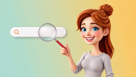 Search bar magnifying glass smiling woman red hair casual shirt blue eyes cartoon 3d illustration gradient background pointing hand cheerful guideの素材
