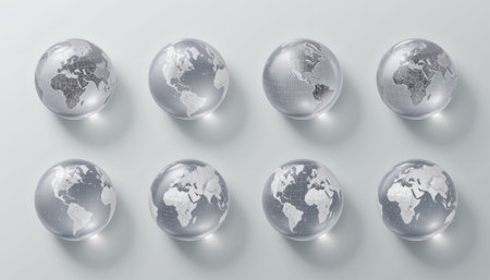 Transparent globe set world map collection minimal white background clean modern symmetry global network concept clarityの素材