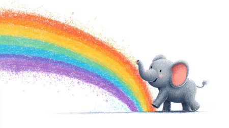 Cute baby elephant rainbow colorful watercolor cheerful playful whimsical fantasy pastel white background joyful scene with spray effectの素材