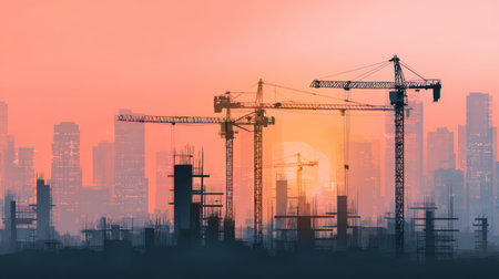 Sunset city skyline construction, tower crane silhouette, urban growth, building site, steel framework, orange sky, progressの素材