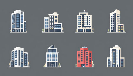 Modern building icon set city skyline apartment office hotel tower corporate urban minimal flat style on gray background clean and calmの素材
