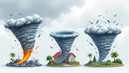 Tornado cyclone storm whirlwind house cloud fantasy disaster wind damage debris flying bird tree forest rock sky weatherの素材