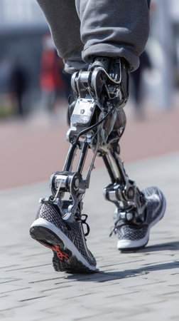 Bionic leg prosthetic limb robotic joint metal frame athletic shoe pavement urban walking mobility technology human lower body cyberneticの素材