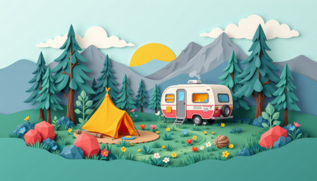 Summer camping forest mountain sunrise caravan tent pine meadow wildflower paper cut style with whimsical joyの素材
