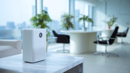 Air purifier modern office clean white minimalist desk window view Calm air purifier, modern office, clean white minimalistの素材