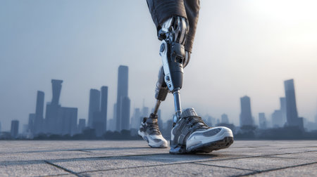 Futuristic prosthetic leg, cybernetic limb, athletic shoe, urban skyline, morning haze, concrete pavement, determinationの素材