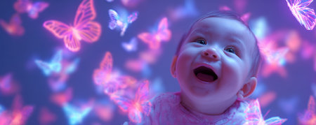 Neon butterfly glowing butterfly baby wonder joyful dreamy fantasy soft light. baby gazes upward with delightの素材
