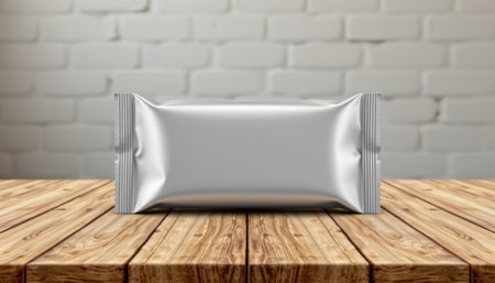 Silver bar wrapper snack packaging blank mockup wooden table brick wall minimalist clean modern moodの素材