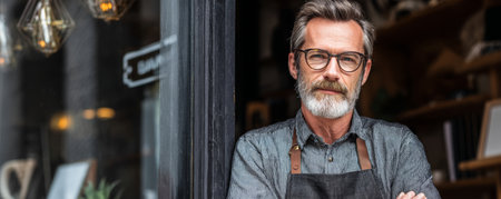 Confident owner gray hair beard glasses apron storefront small business urban charm welcoming vibeの素材