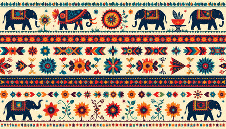 Ethnic geometric pattern stylized elephant folk floral motif tribal border ornamental stripe boho seamless warm color paletteの素材