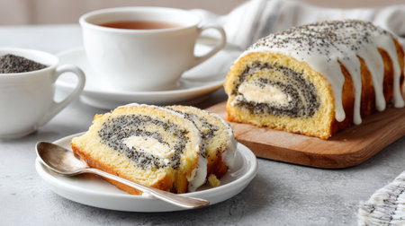 Poppy seed roll sliced cake icing glaze tea cup dessert breakfast wooden board pastry swirl Happy cozy morning treat withの素材