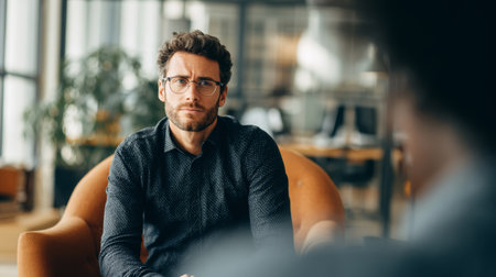 Pensive man curly hair beard glasses casual shirt office thoughtful mood modern workspace soft light warm tone candid portraitの素材