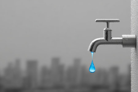 Water tap drop drip faucet urban water tap drop drip faucet urban cityscape concept minimal gray moodの素材