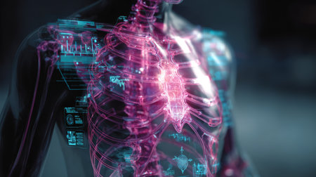 Futuristic anatomy digital chest glowing heart cyber ribs medical hologram neon organs human torso health tech pulse and wonderの素材