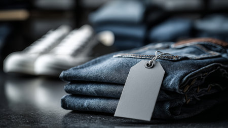 Folded denim blue jean clothing price tag retail fashion casual store, sleek moodの素材