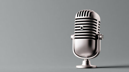 Vintage microphone silver studio retro classic metal audio broadcast vibes shine calmly on gray backgroundの素材
