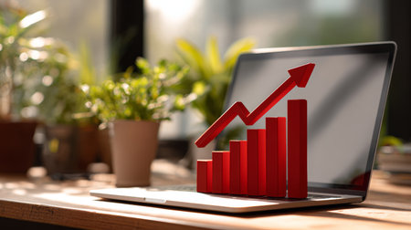 Growth red arrow bar chart laptop office desk natural light indoor plant finance success upward trend Feeling optimisticの素材