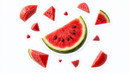 Fresh watermelon slice, juicy fruit, red flesh, green rind, black seed, summer snack, white backgroundの素材