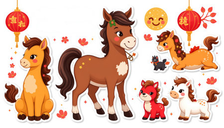 Playful pony cute horse cartoon foal kawaii animal chibi style sticker design festive charm lantern joyの素材