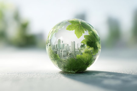Eco city green leaf glass sphere sustainability nature urban skyline clean energy environmentの素材