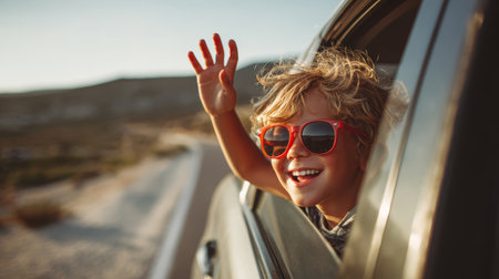Happy child red sunglasses blonde hair car window road trip sunny day desert smile with joy and freedomの素材