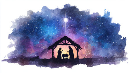 Nativity scene manger holy family star night sky silhouette stable Bethlehem Christmas religionの素材