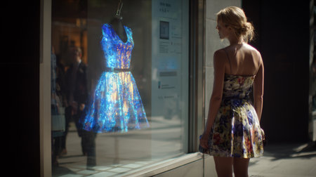 Shimmer dress window display night city fashion woman reflection bokeh street retail glamour gently captivatesの素材