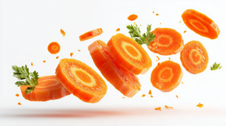 Fresh carrot slice orange vegetable food healthy isolated white background bring energy and freshness, dynamic floating piecesの素材