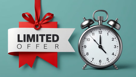 Limited offer banner ribbon red alarm clock deadline deal urgent sale countdown pressureの素材