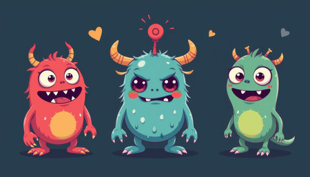 Playful cartoon monster cute creature colorful character happy expression funny face big eyes hornsの素材