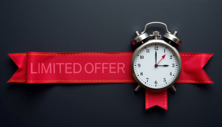 Limited offer banner ribbon red alarm clock deadline deal urgent sale countdown pressureの素材