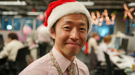 Cheerful man, Santa hat, business suit, office party, holiday, festive, smilingの素材