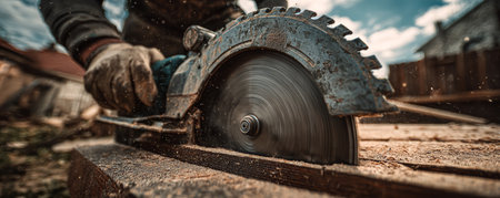 Circular saw woodcutting carpenter power tool sawdust constructionの素材