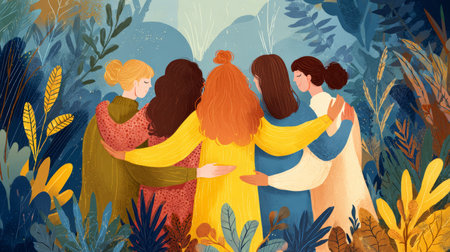 Warm friendship support unity group women embrace together, comforting bond nature calmの素材