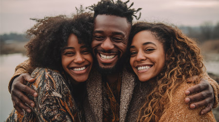 Happy friends hug smile outdoor autumn, close portrait joyful embrace nature, warm sweater cozy moodの素材