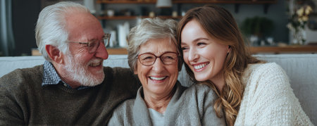Smiling family senior couple granddaughter cozy home warm light candid happiness togetherの素材
