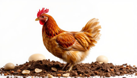 Chicken rooster brown feather farm bird white background egg dirt peanutの素材