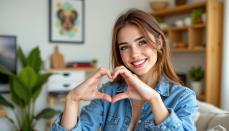 Smiling woman heart hands happy expression indoor portrait soft light warm tones casual style cozy room. Smiling woman formsの素材