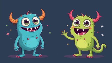Cute monster, cartoon creature, horned character, friendly smile, big eyes, colorful, playfulの素材